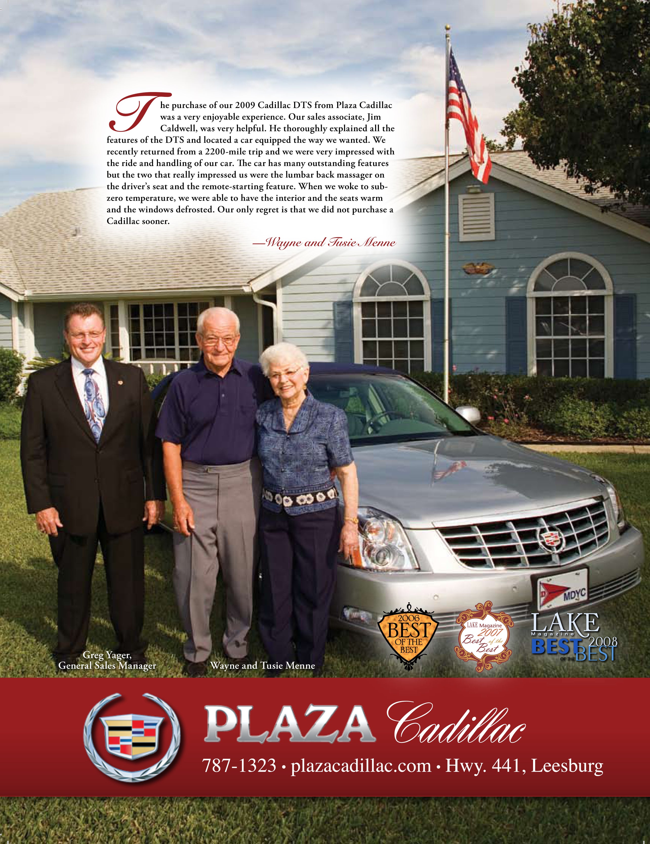 3 adults next to a silver Cadillac
