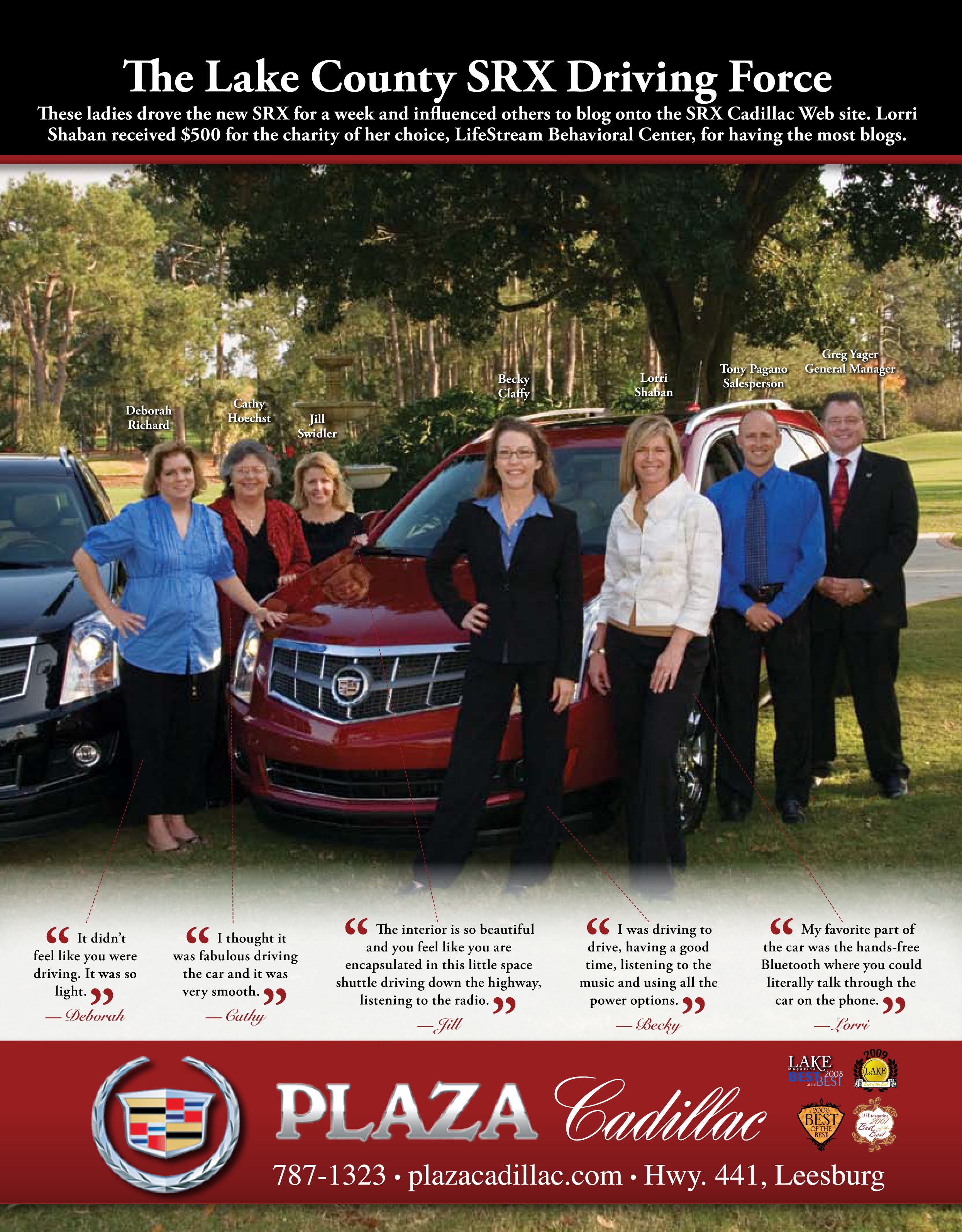 7 adults next to a red Cadillac