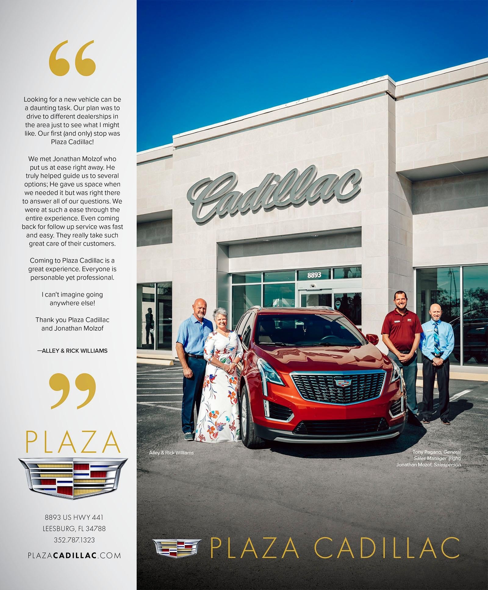 4 adults next to a red Cadillac