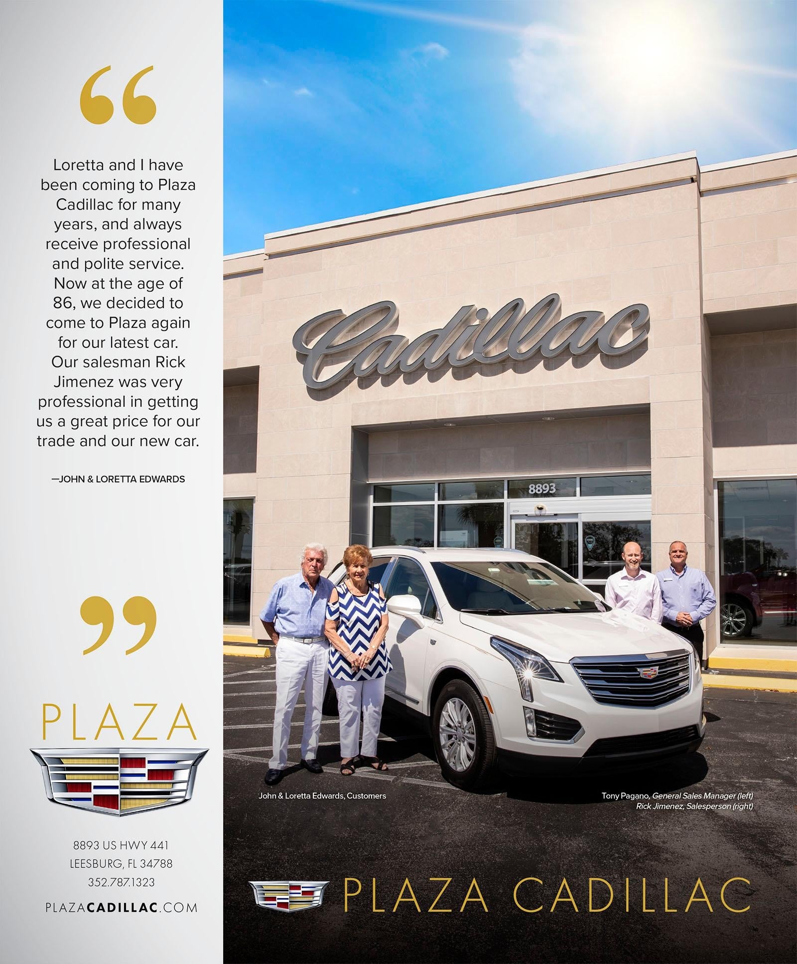 4 adults next to a white Cadillac