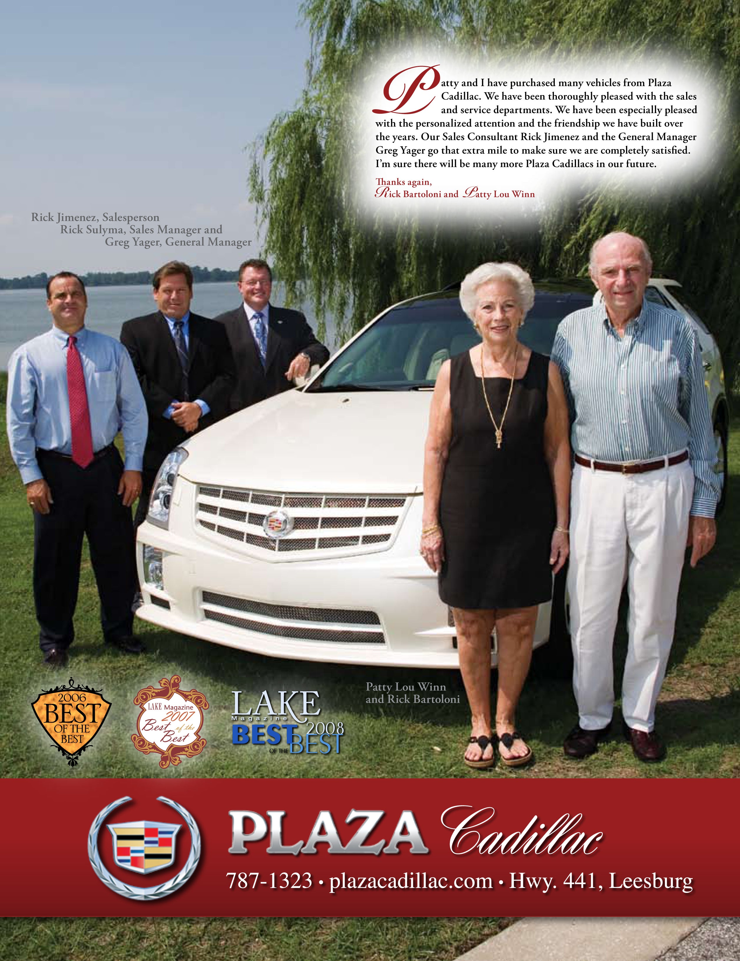 4 adults next to a white Cadillac