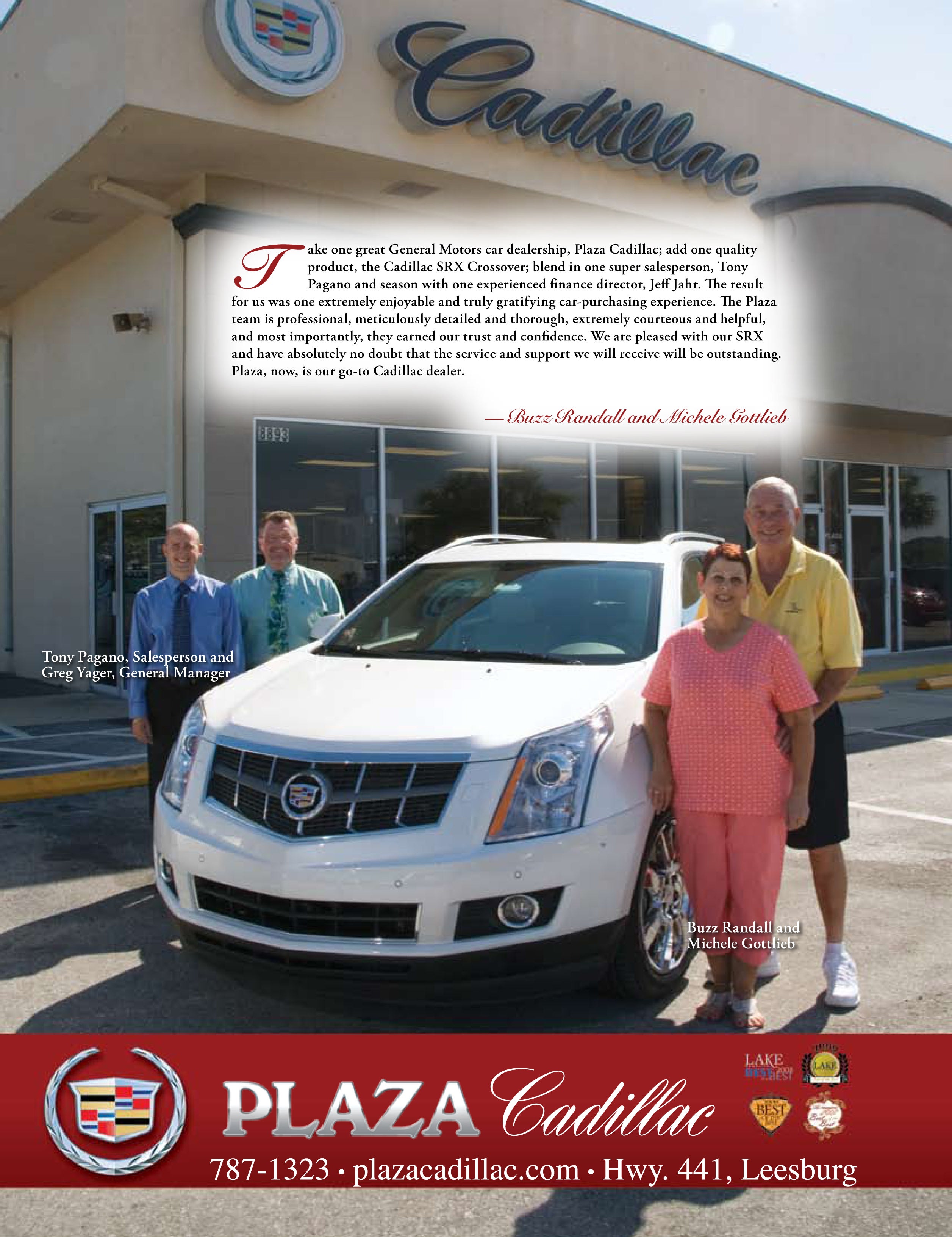 4 adults next to a white Cadillac