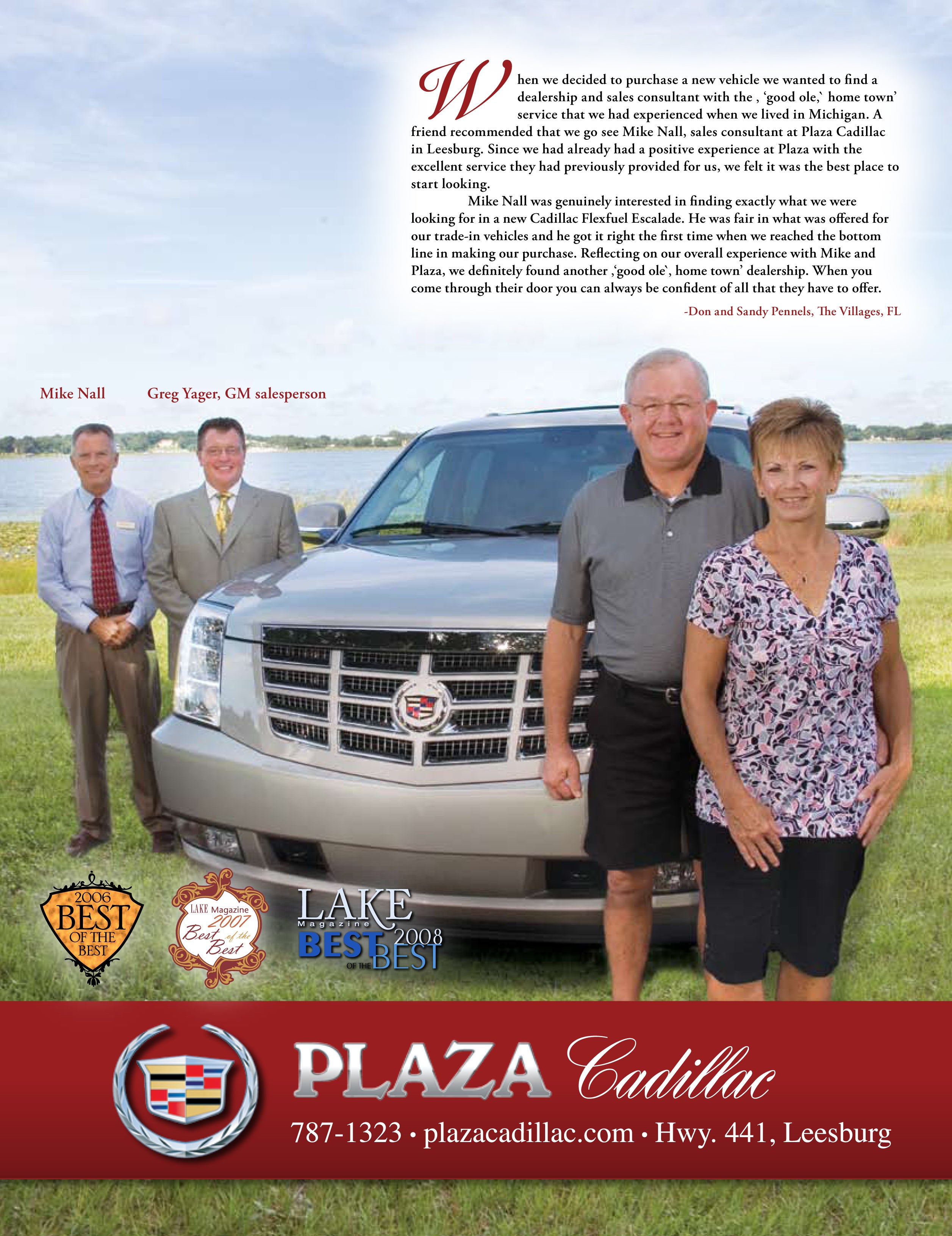 4 adults next to a silver Cadillac